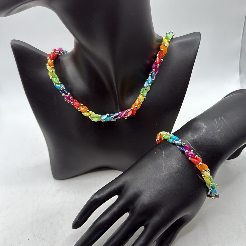 Vintage Multicolor Bead Braided Necklace Bracelet Set Retro Boho Pride Rainbow